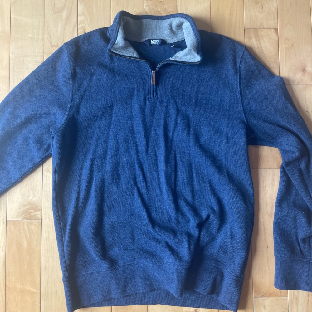 Lands' End Blue Zip Up Sweater Classic Knit Design